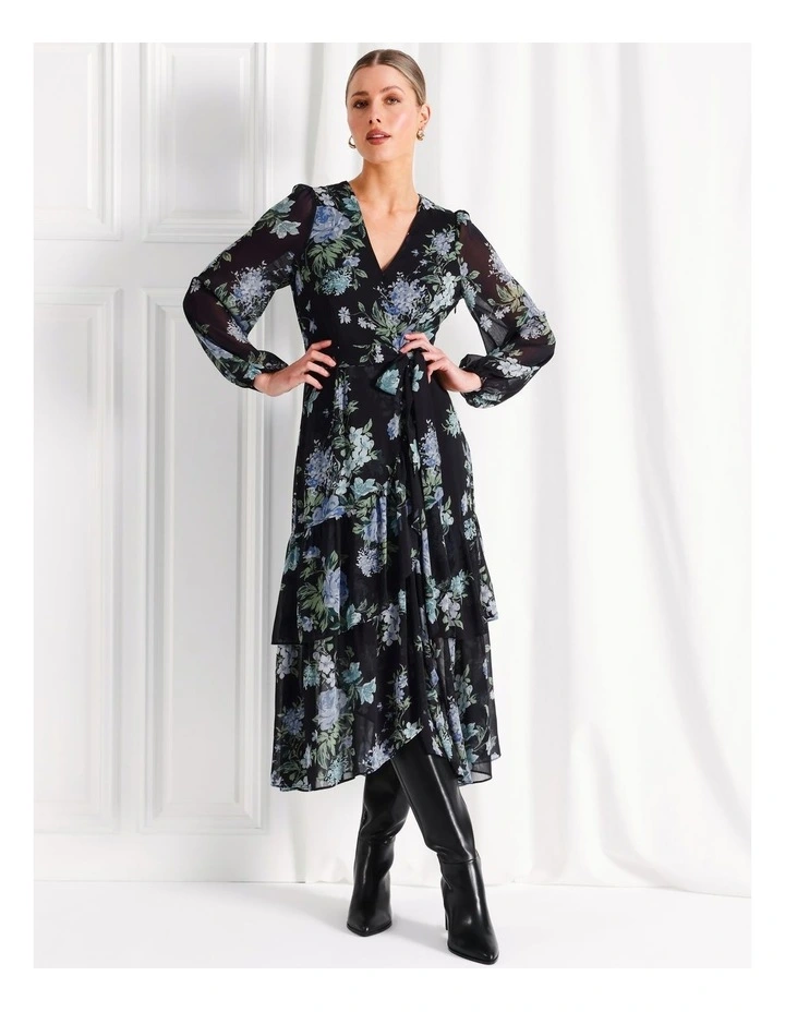Recycled Blend Long Sleeve Wrap Ruffle Midi Dress in Navy