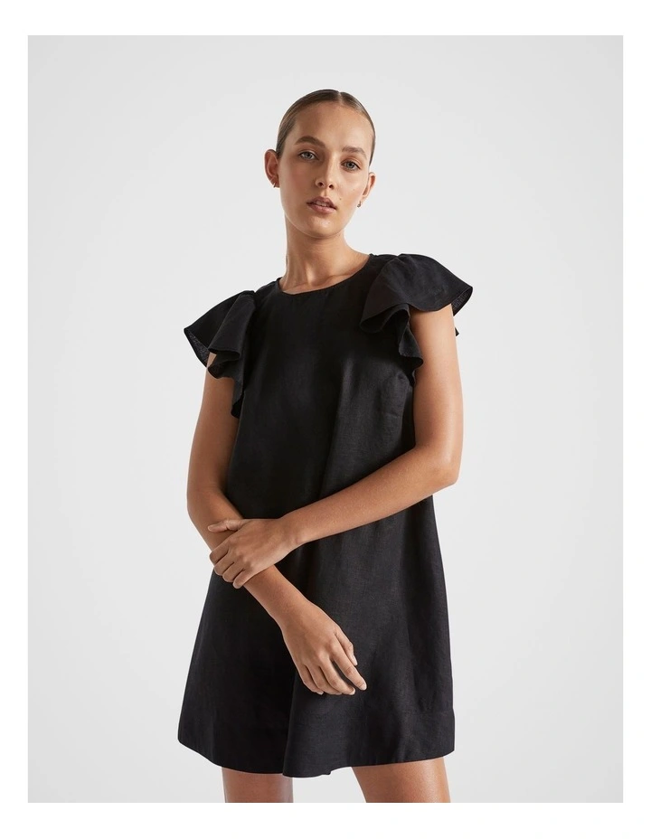 Core Linen Frill Sleeve Mini Dress in Black