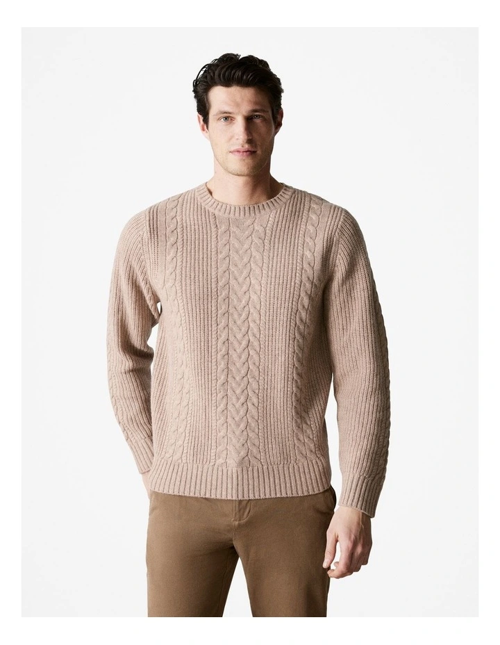 Wool Cable Knit Crew in Oatmeal