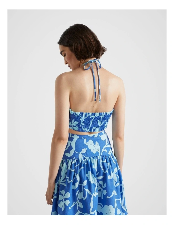 Linen Floral Halter Crop Top in Deep Ocean Floral