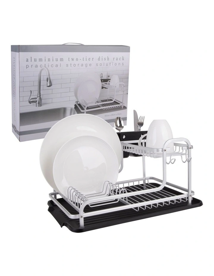 2-Tier Dish Rack With Draining Board 40 x 29 x 23cm in White/Black