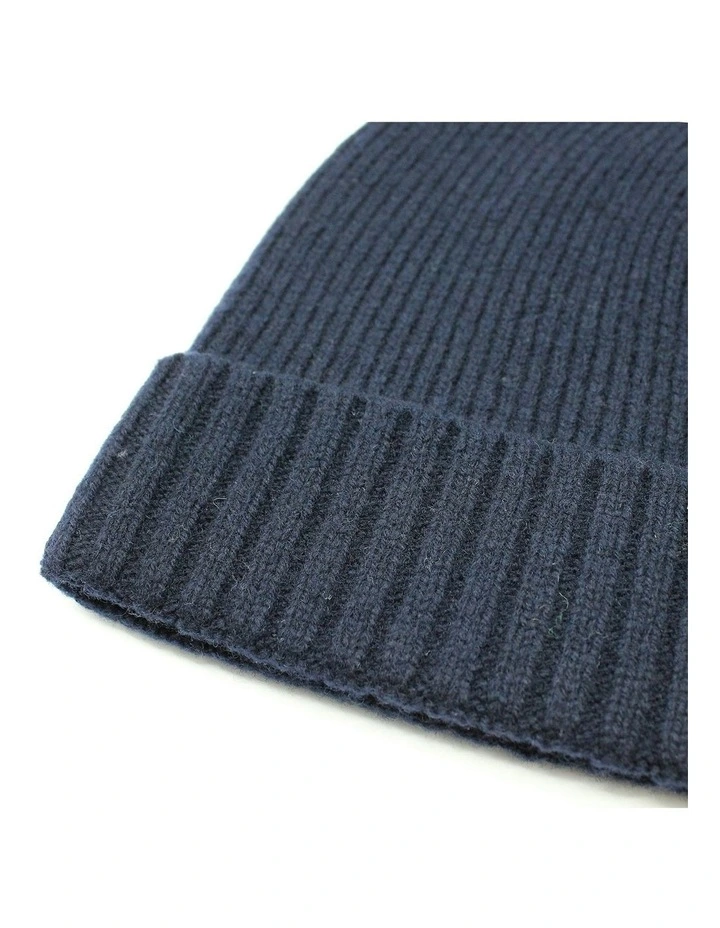 Wool Beanie Winter Rib Fine Knit Warm Hat Ski Turn Up in Navy