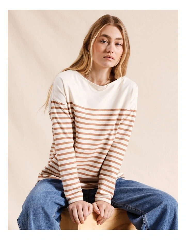 Long Sleeve Yarn Dye Stripe Tee in Tan