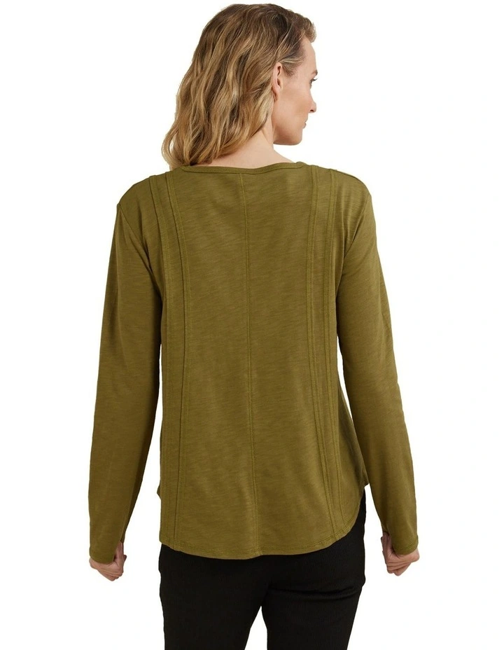 Long Sleeve Curved Panel Tee in Deep Sage