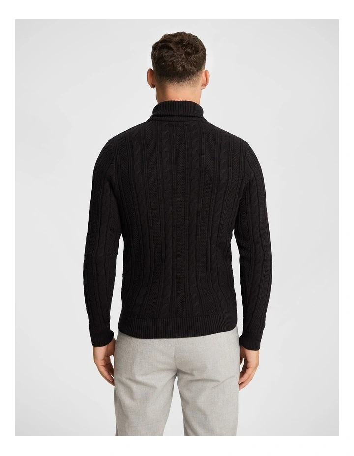 Tommy Roll Neck Cotton Cable Knit Jumper in Black