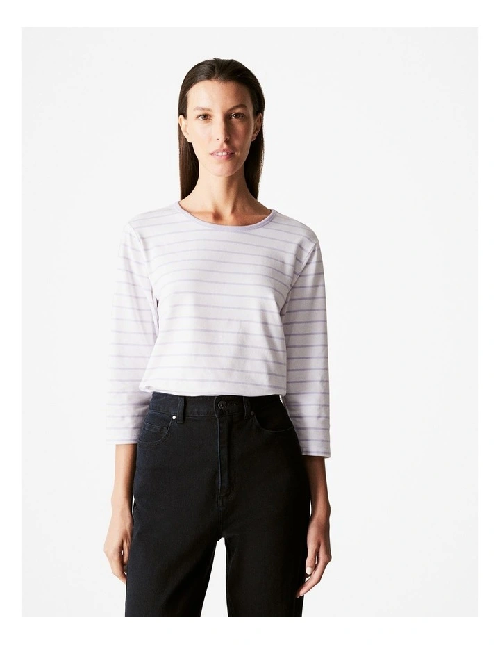 Organically Grown Cotton Jersey Stripe 3/4 Sleeve T-shirt in Lilac