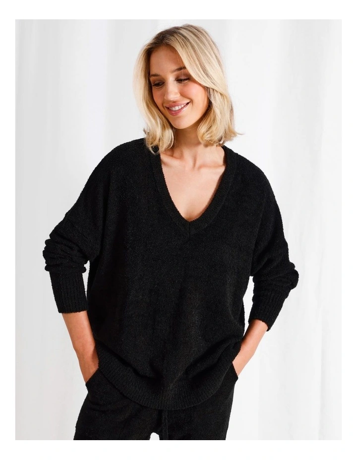 Boucle V-Neck Long Sleeve Top in Black