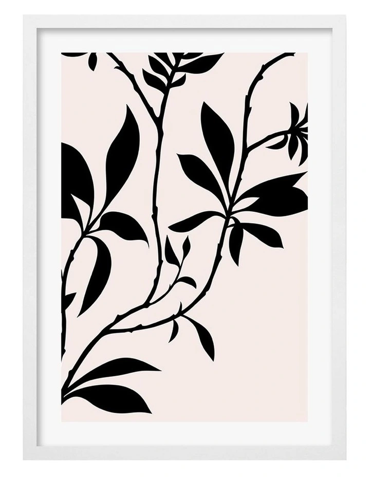 Australian Made Silhouette Branch Leaves Day Art Print A2 in White Frame