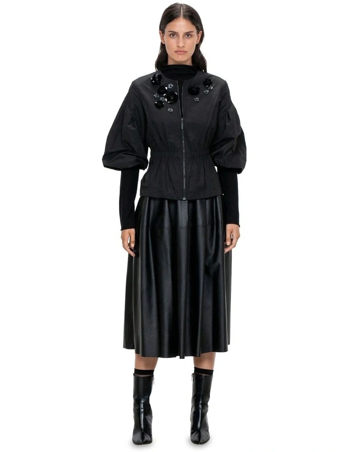 Taffeta Sequin Flower Bomber in Black