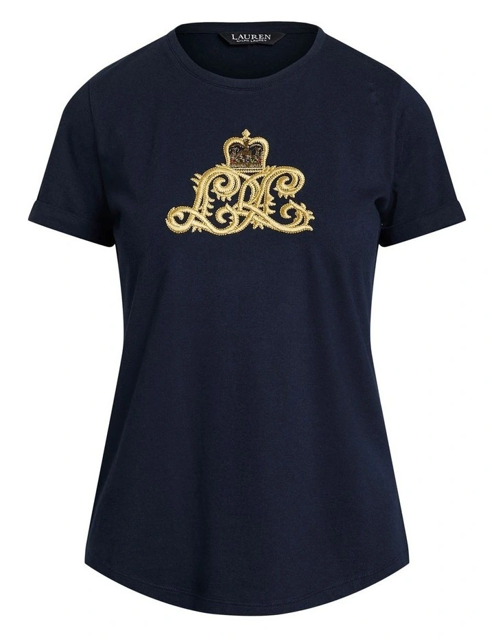 Beaded Logo Cotton Blend Jersey Tee in Navy