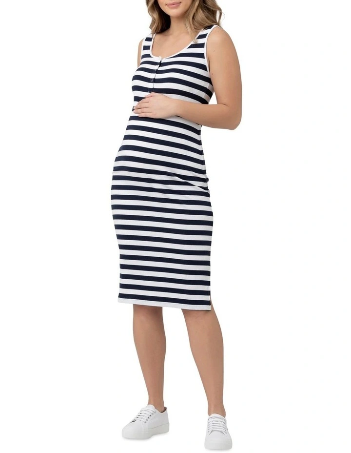 Lee Button Down Rib Dress in Navy/White