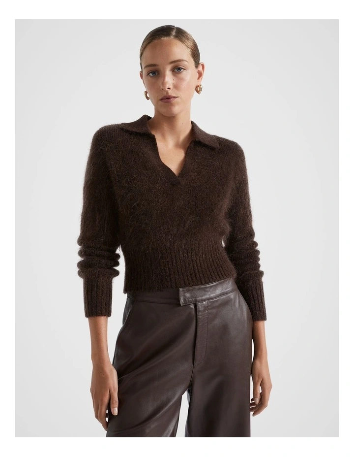 Mohair Crop Polo Knit in Dark Espresso Marle