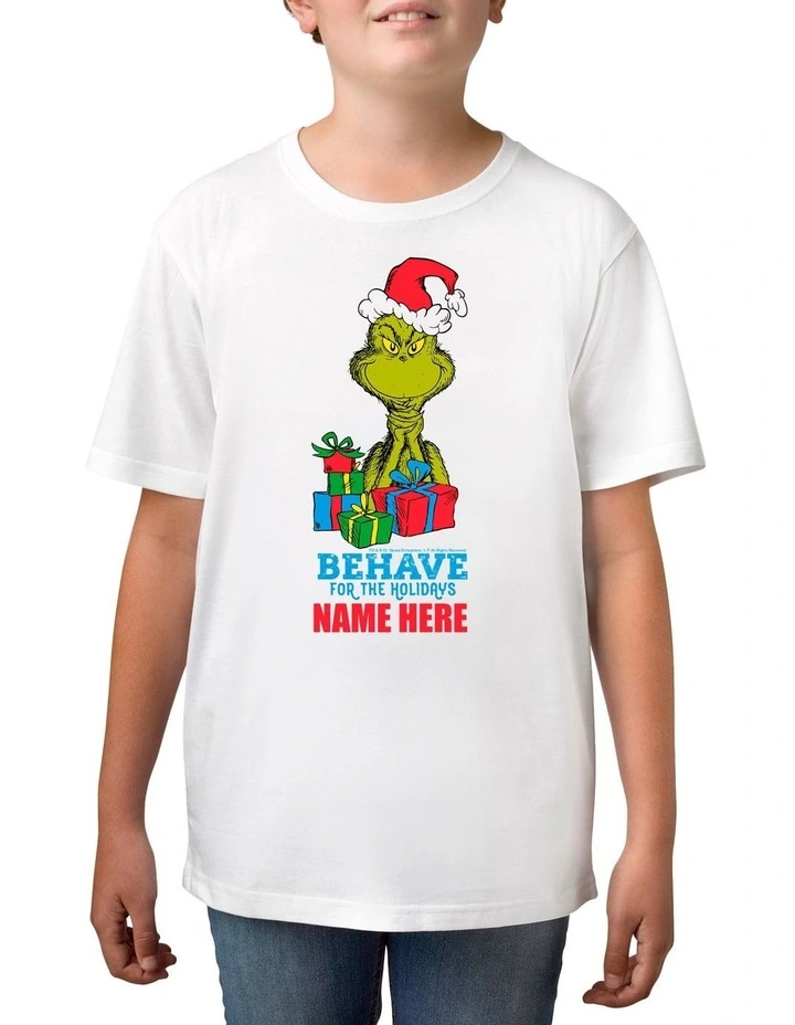 Boy's Dr Seuss The Grinch Behave Personalised Cotton T-Shirt