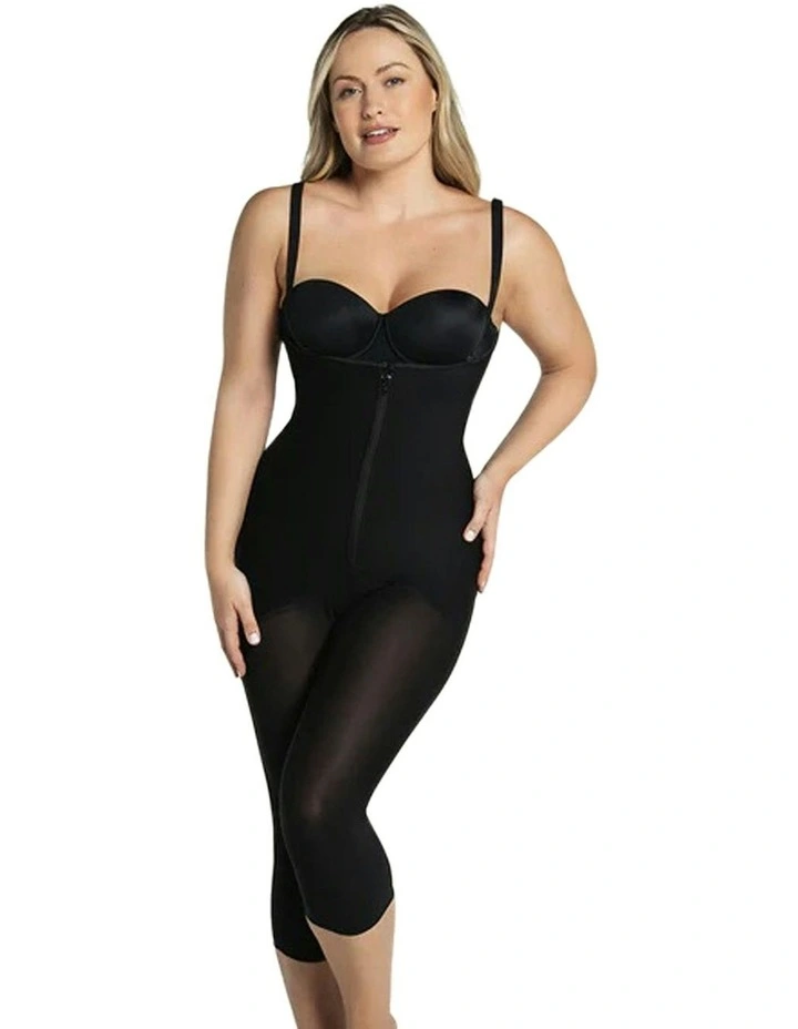 Cupless Long Leg Full Body Shaper With Zip Front in Black