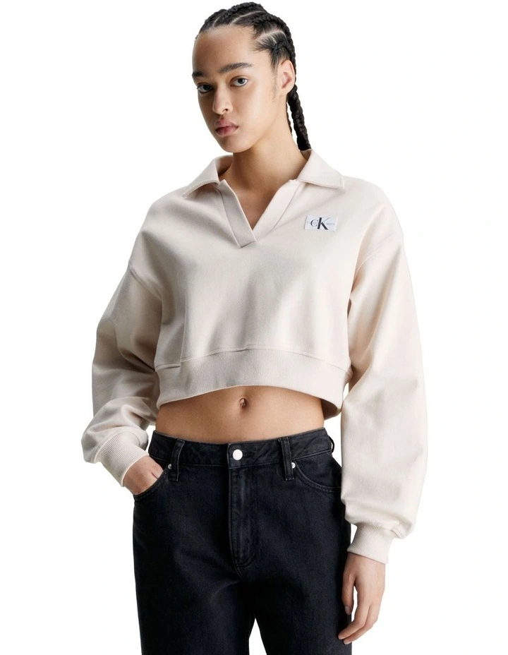 Label Polo Collar Sweatshirt in Putty Beige
