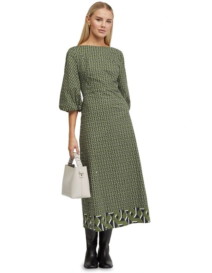 Krista Boarder Print Dress in Olive