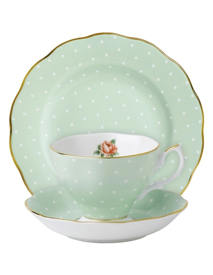 Polka Rose Teacup Saucer & Plate Set Green