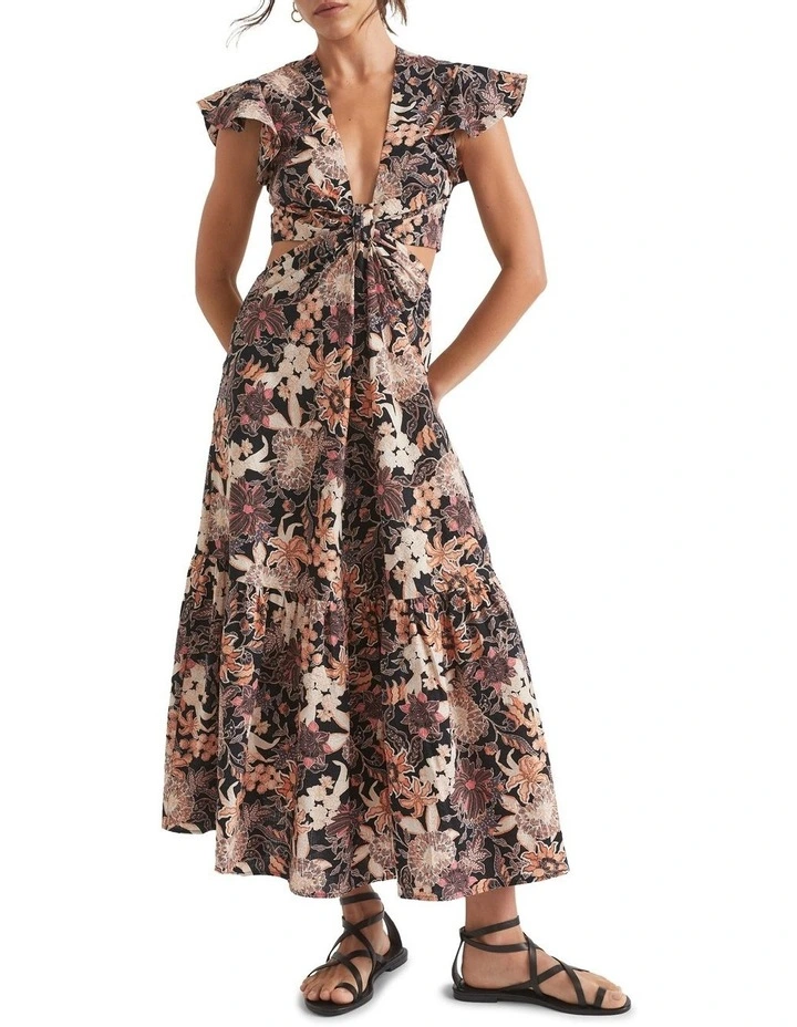 Floral Knot Front Textured Midi Dress