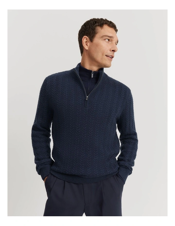 Gcs-certified Cashmere Wool Blend Cable Half Zip Knit in Navy Melange