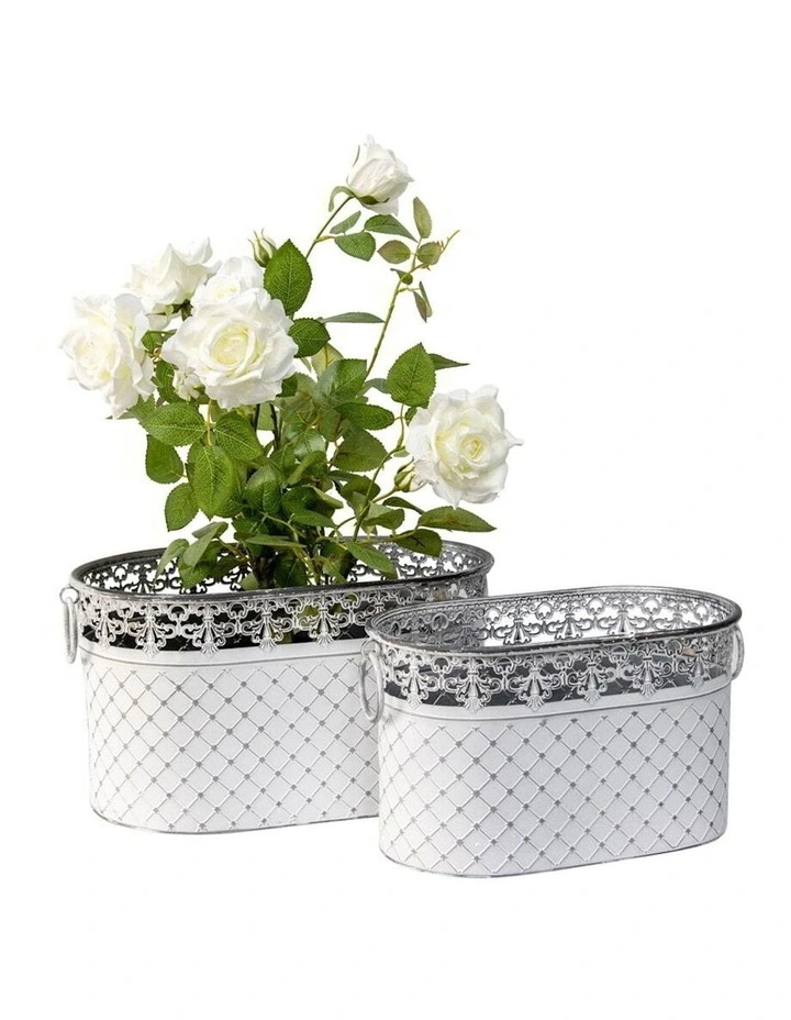 Nested Designer Oval Pot Planter Buckets Set of 2 in White