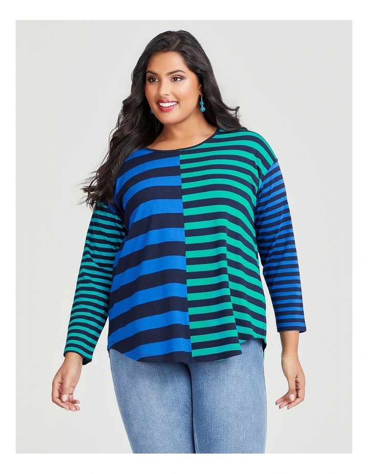 Bamboo Ponte Jewel Stripe Top in Navy/Blue/Green