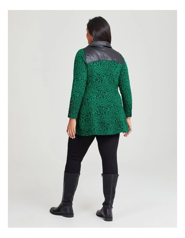 Jacquard & Pleather Zip Jacket in Green Leopard