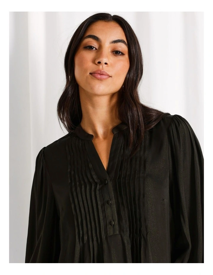 Recycled Blend Satin Pintuck Long Sleeve Blouse in Khaki