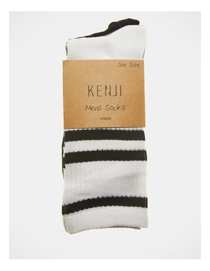 4 Pair Sports Crew Rib Socks in White/Black/Grey Stripe