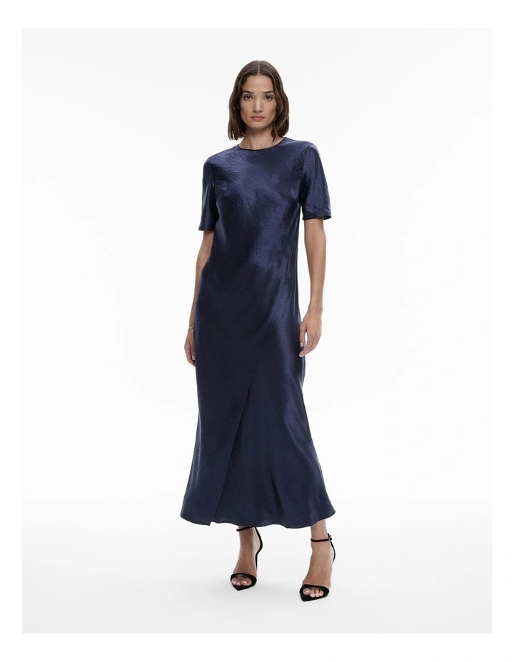 Acetate Short Sleeve Slip Dress in Midnight