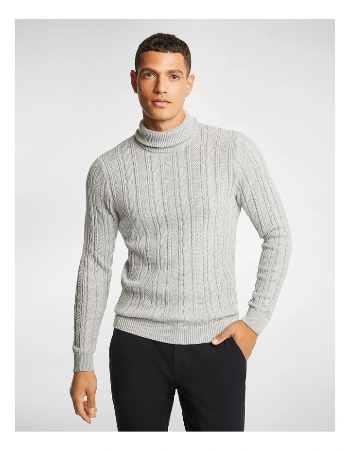 Tommy Cable Roll Neck Sweater in Light Grey Marle