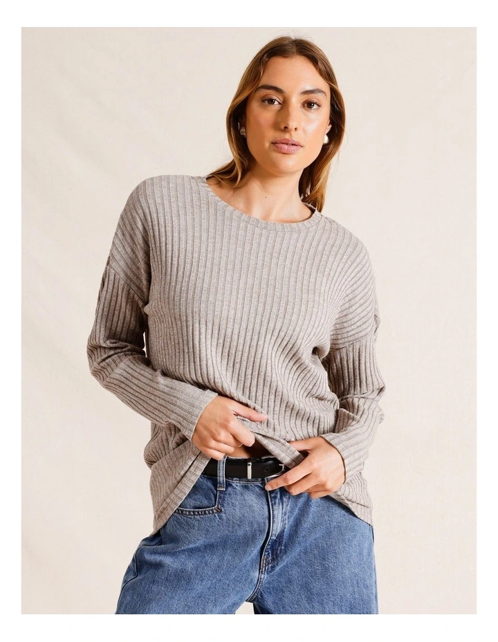 Long Sleeve Drop Shoulder Rib Top in Beige