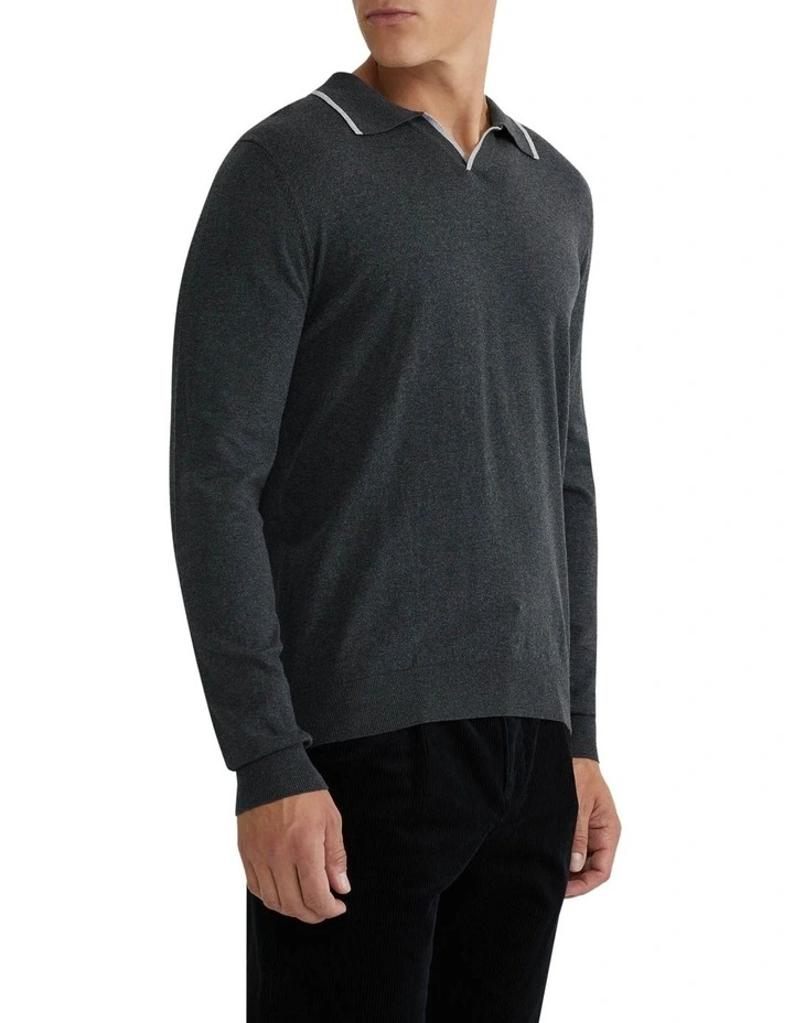 Reiss Tipping Collar Long Sleeve Knit Polo in Charcoal