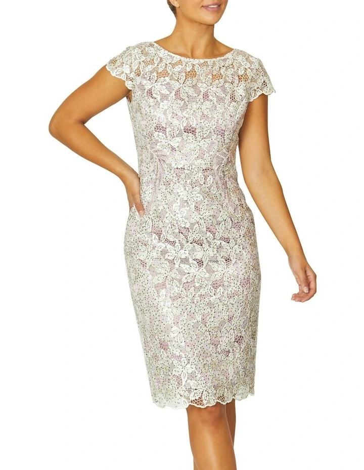 Venetia Sequin Lace Dress in Pearl