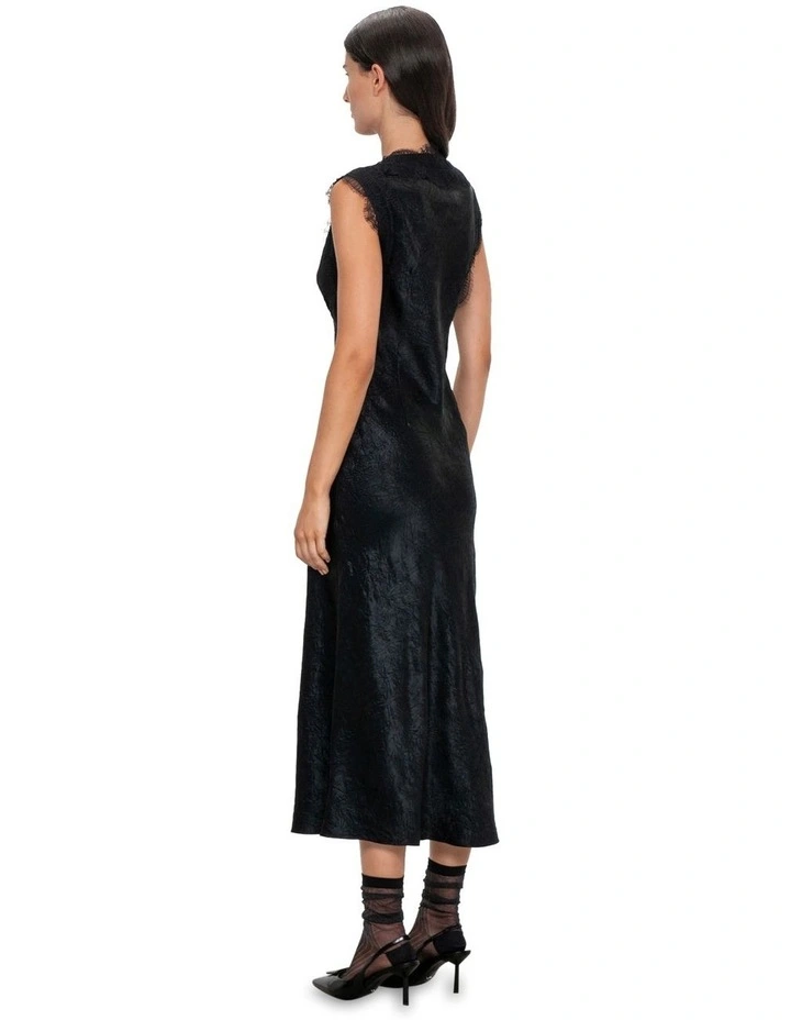 Crushed Satin Lace Dress in Black