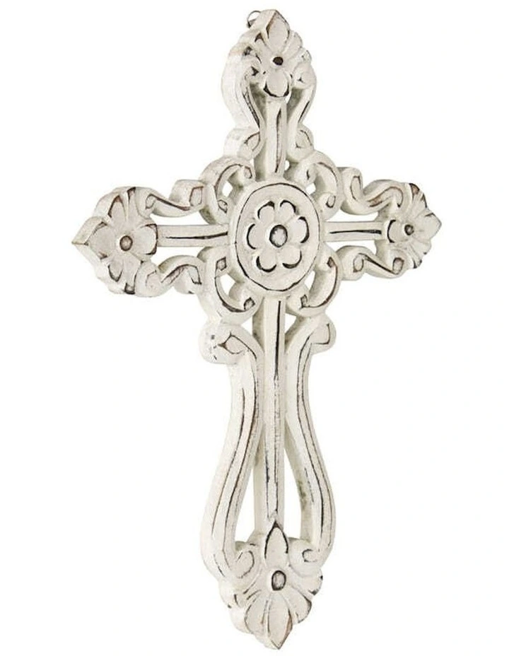 Handmade Ornate Scroll Design Wall Cross in White
