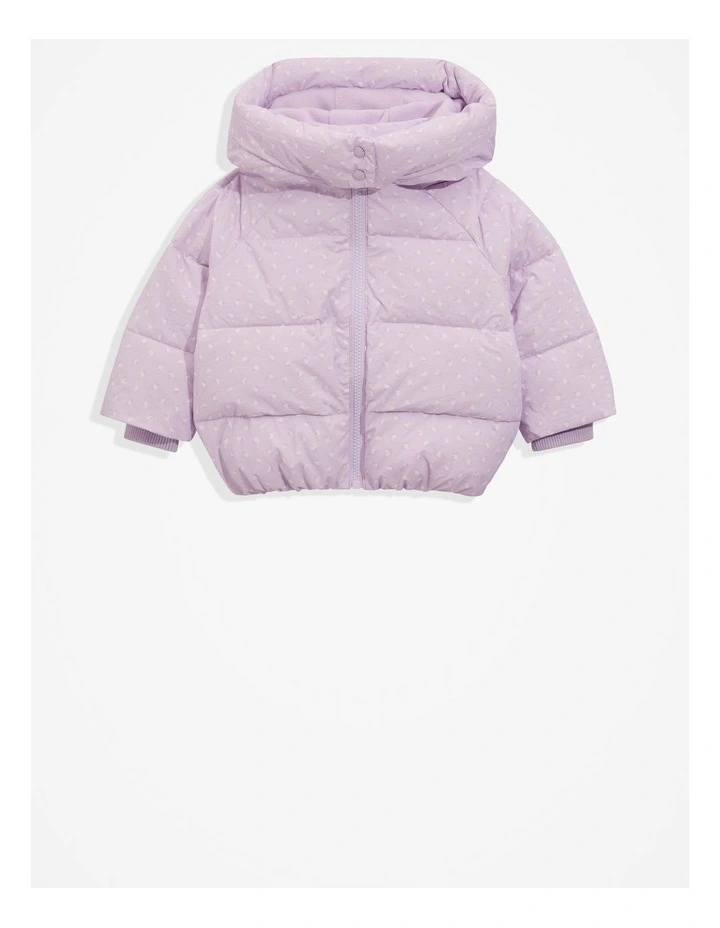 Recycled Nylon Soft Puffer Jacket in Lilac Leopard