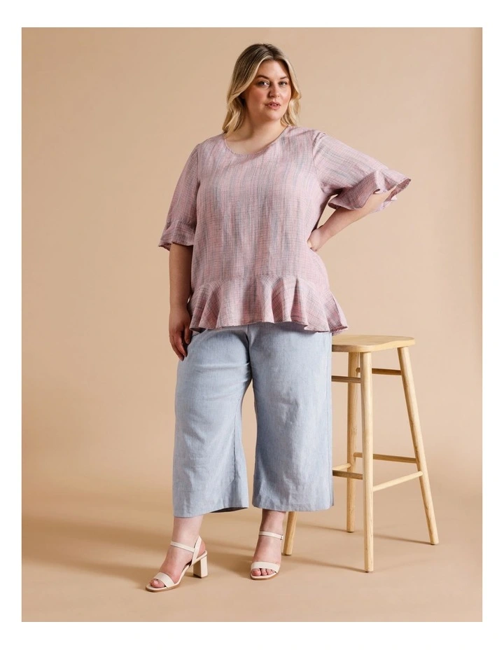 Fluted Hem and Sleeve Top in Pink/Multi Coloured Crossdye