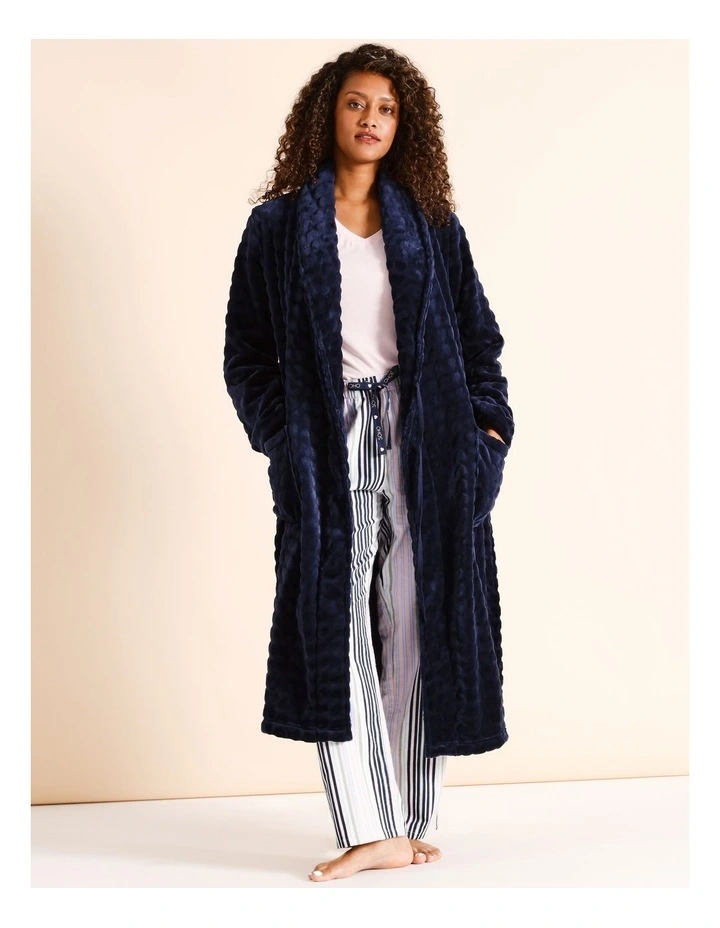 Fleece Long Robe in Navy
