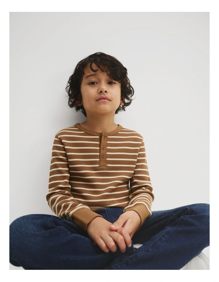 Stripe Waffle Henley Top in Butter