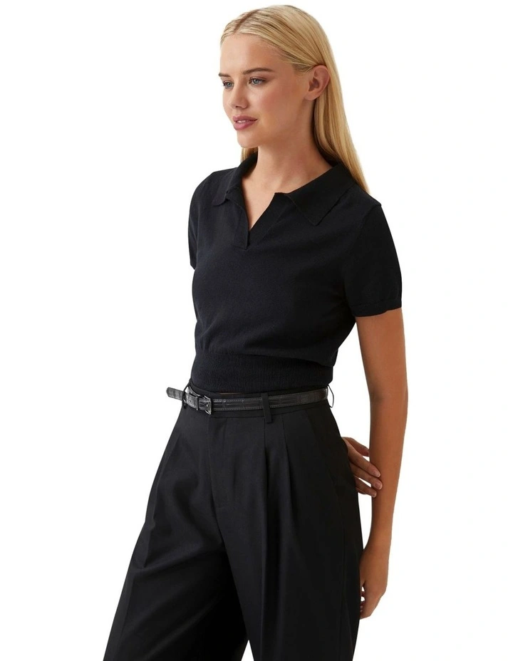 Daphne Polo Neck Knitted Crop Top in Black