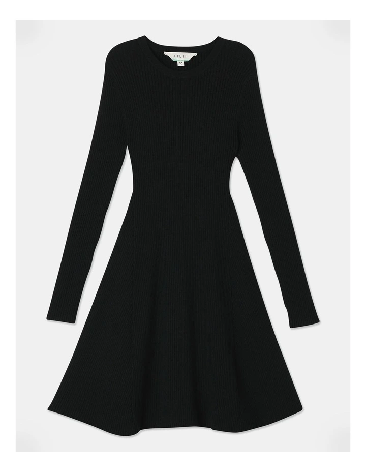 Long Sleeve Knitted Skater Dress in Black