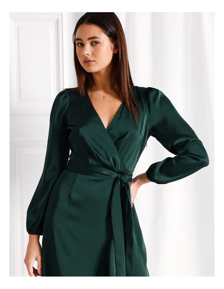 Recycled Blend Satin Long Sleeve Ruffle Midi Wrap Dress in Dark Green