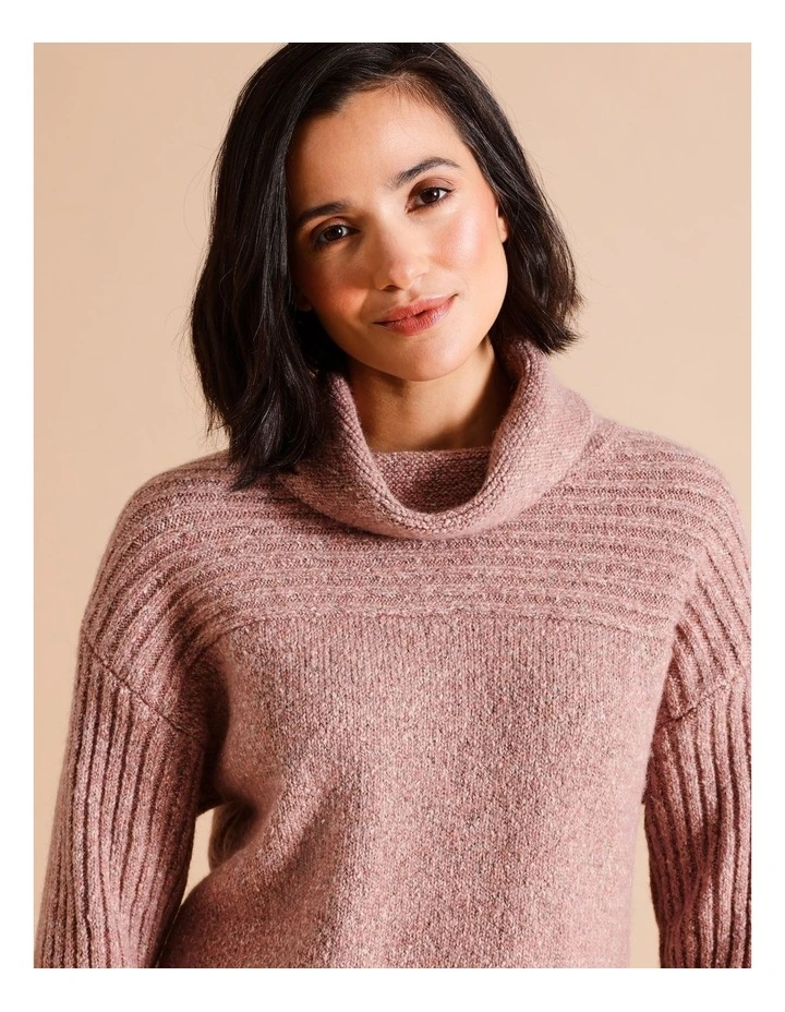 Recycled Polyester Blend Rib Yoke And Sleeve Cowl Neck Jumper In Pepperberry