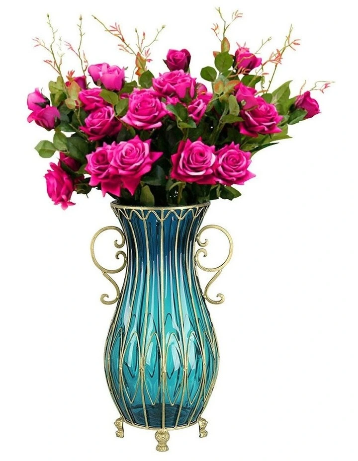 Glass Tall Floor Vase with Artificial Fake Flower Set 12 Pieces 51cm in Blue