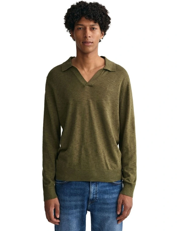 Cotton Linen Long Sleeve Polo T-shirt in Racing Green