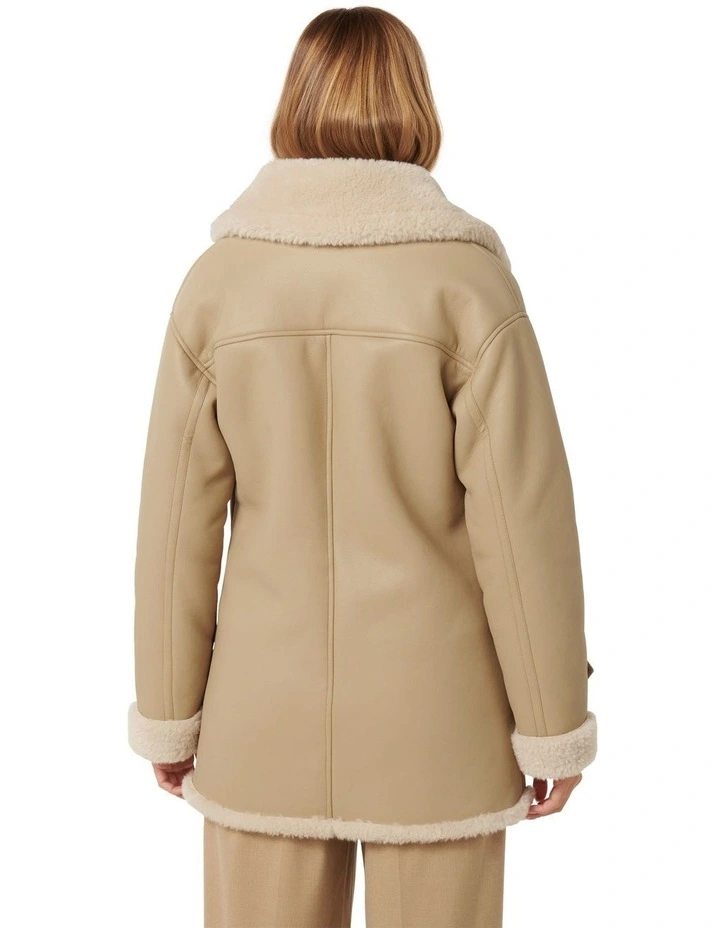 Alix Vegan Leather Shearling Coat in Camel