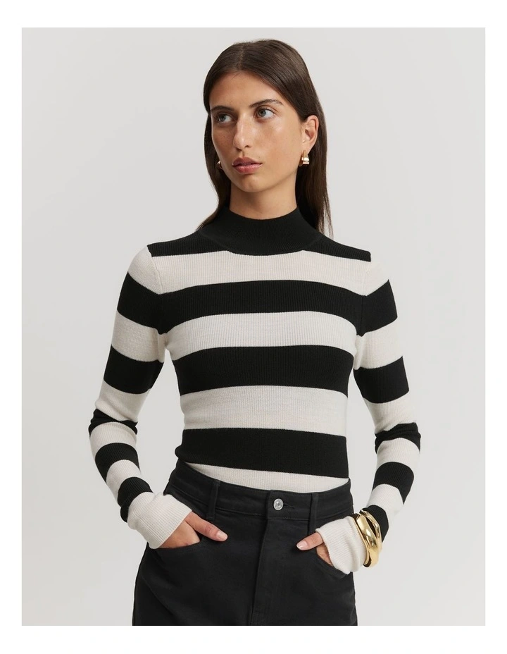 Verified Australian Merino Mock Neck Stripe Knit in Black Stripe