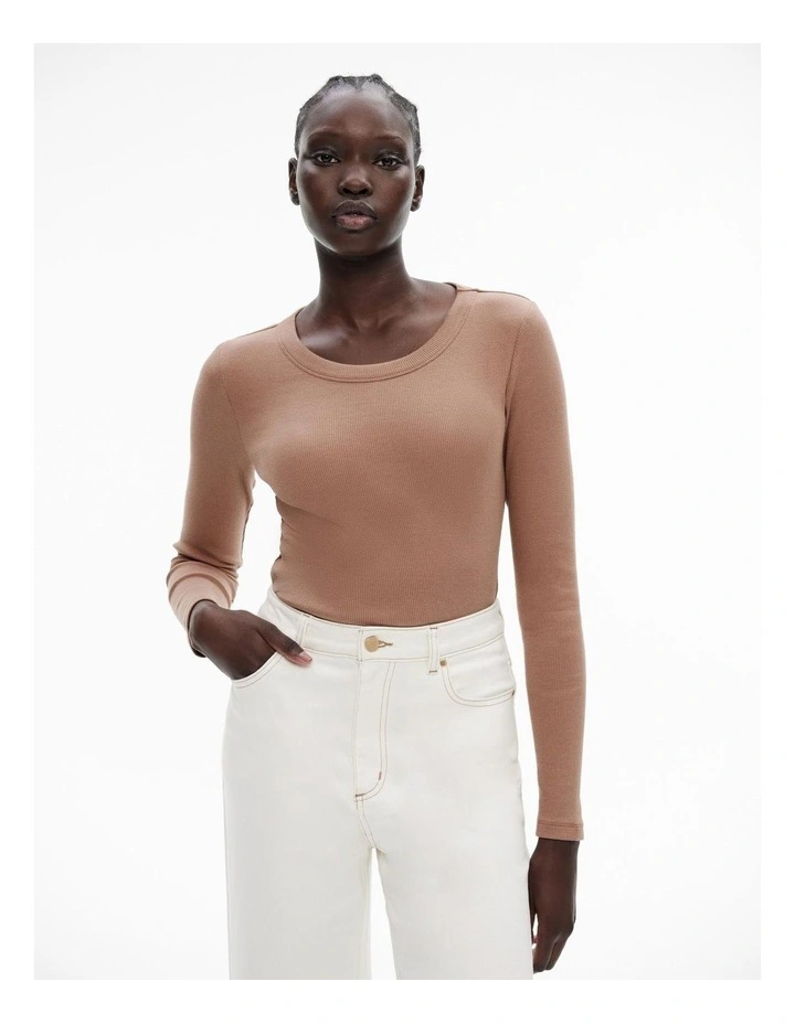 Cotton Long Sleeve Rib Top in Cappucino