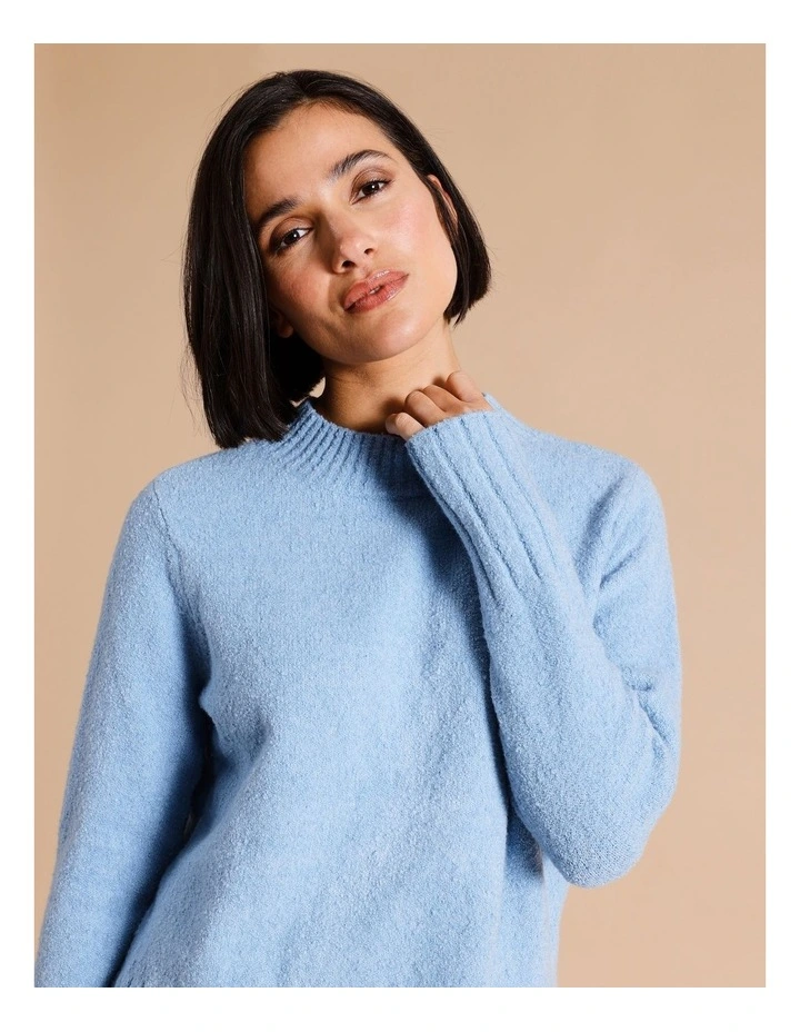 Boucle Jumper With Straight Hem And Side Splits In Antique Blue