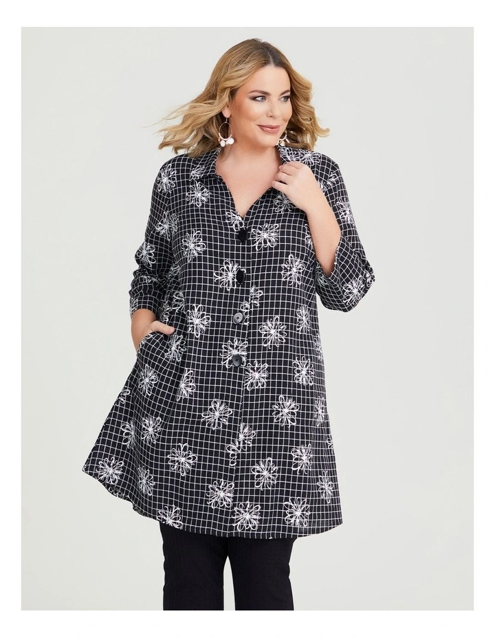 Linen Blend Floral Check Shirt in Black/White